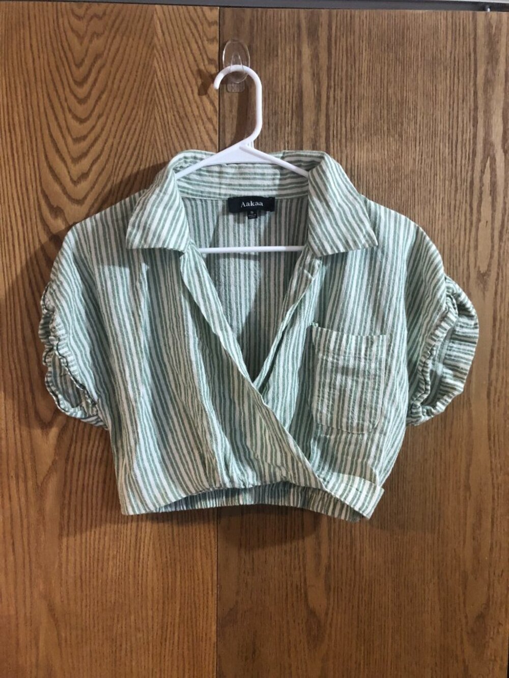 Aakaa S Small Green White Stripe Cropped Wrap Top Surplice Coastal Grandma